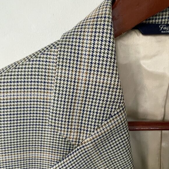 Faconnable Wool Silk Windowpane Houndstooth Blazer Tan Navy Green Men’s Sz 42L - Picture 6 of 13